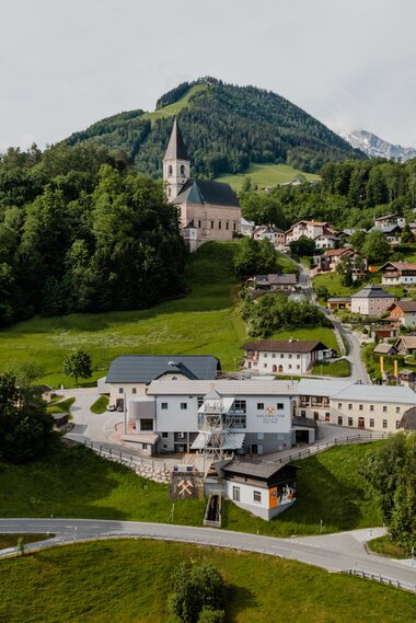 Salzwelten Salzburg, ganzes Areal, Landschaft und Gebäude, Weisen und grüne Bäume  | © creatingclick