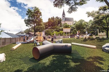 Rendering Kelten.Erlebnis.Berg Spielplatz  | © ZOOMVP c07  Salzwelten Salzburg Kelten.Erlebnis.Berg Spielplatz mit Kinder Rendering  | © ZOOMVP c07