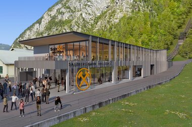 Visualisierung Neue Standseilbahn Talstation | © Hasenauer.ARCHITEKTEN Visualisierung Neue Talstation Salzwelten Hallstatt Besucher Gebäude mit Holz- und Glasfront | © Hasenauer.ARCHITEKTEN