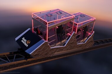 Visualisierung Salzwelten Hallstatt Neue Gondel aus Glas bei Nacht mit Beleuchtung Besucher werden transportiert | © Doppelmayr
